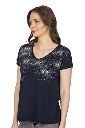 Özkan 25501 Kadın Vorteks Viskon Premium Kumaş Örme Bluz Önü Baskılı Likralı V Yaka Kısa Kollu 