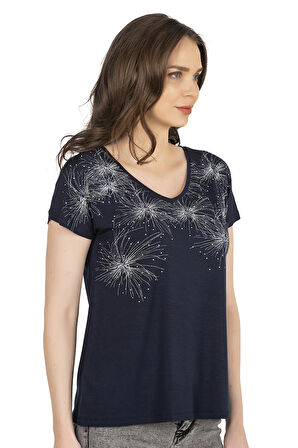 Özkan 25501 Kadın Vorteks Viskon Premium Kumaş Örme Bluz Önü Baskılı Likralı V Yaka Kısa Kollu 