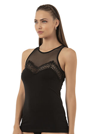 Özkan 25513 Kadın Pamuklu Likralı Önü Tül Detaylı Esnek Rahat Süprem Robalı Atlet