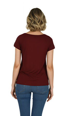 Özkan 25465 Kadın Bordo Vorteks Viskon Premium Kumaş Likralı Omzu Dantel Detaylı Örme Bluz