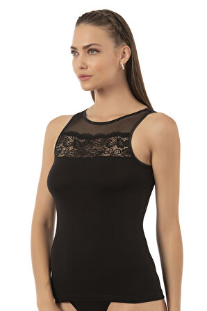 Özkan 25524 Kadın Pamuklu Modal Önü Tül ve Dantel Detaylı Saten Biyeli Robalı Atlet