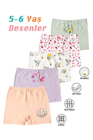 Özkan 41602 5'li Paket Kız Çocuk Karışık Renkli Desenli Pamuklu Yumuşak Rahat Şort Boxer