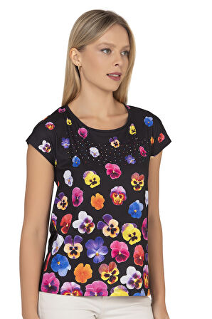 Özkan 25909 Kadın Esnek Rahat Çiçek Baskılı Likralı Kısa Kollu Örme Bluz