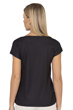 Özkan 25909 Kadın Esnek Rahat Çiçek Baskılı Likralı Kısa Kollu Örme Bluz