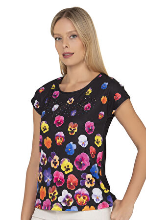 Özkan 25909 Kadın Esnek Rahat Çiçek Baskılı Likralı Kısa Kollu Örme Bluz