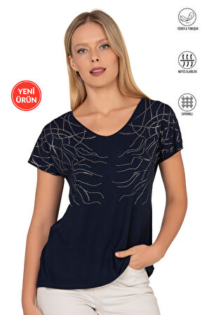 Özkan 25908 Kadın Vorteks Viskon Premium Kumaş Taş Detaylı Likralı Kısa Kollu Örme Bluz