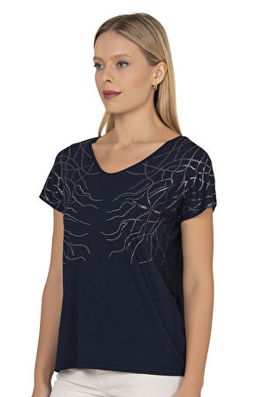 Özkan 25908 Kadın Vorteks Viskon Premium Kumaş Taş Detaylı Likralı Kısa Kollu Örme Bluz