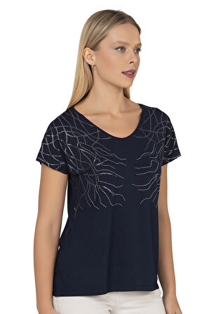 Özkan 25908 Kadın Vorteks Viskon Premium Kumaş Taş Detaylı Likralı Kısa Kollu Örme Bluz