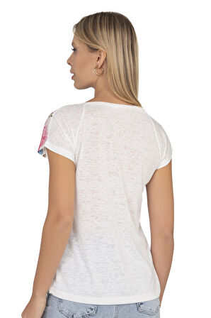 Özkan 25792 Kadın Viskon Premium Kumaş Kısa Kollu Örme Bluz Önü Baskılı Likralı