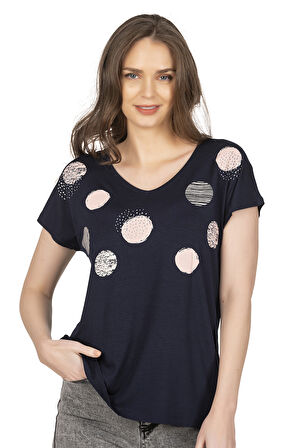 Özkan 25862 Kadın Lacivert Vorteks Viskon Premium Kumaş Örme Bluz Önü Baskılı V Yaka Kısa Kollu