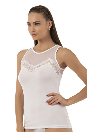 Özkan 25513 Kadın Pamuklu Likralı Önü Tül Detaylı Esnek Rahat Süprem Robalı Atlet