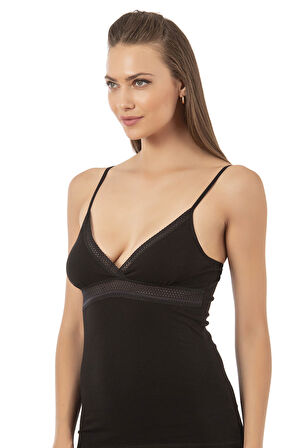 Özkan 25584 Kadın Pamuklu Likralı Süprem Esnek Rahat Önü Dantel Detaylı V Yaka İp Askılı Örme Atlet