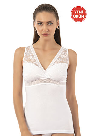 Özkan 25359 Kadın Pamuklu Süprem Esnek Rahat Yumuşak V Yaka Dantel Detaylı Kalın Askılı Atlet