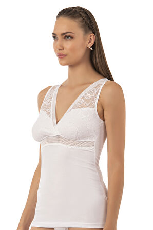 Özkan 25359 Kadın Pamuklu Süprem Esnek Rahat Yumuşak V Yaka Dantel Detaylı Kalın Askılı Atlet