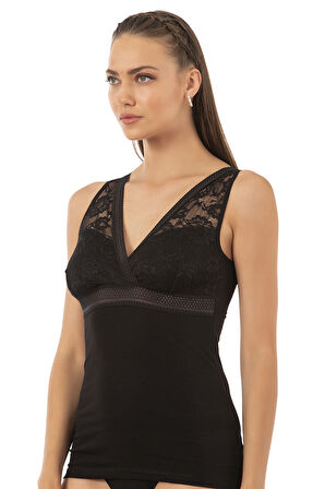 Özkan 25359 Kadın Pamuklu Süprem Esnek Rahat Yumuşak V Yaka Dantel Detaylı Kalın Askılı Atlet