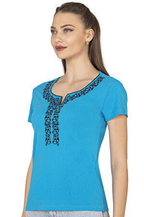 Özkan 21191 Kadın %100 Pamuklu Esnek Rahat Güpürlü V Yaka Kısa Kollu Bluz