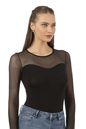 Özkan 25766 Kadın Ring Viskon Bisiklet Yaka Tül Detaylı Yakası Taş Detaylı Uzun Kollu Kancalı Çıtçıtlı Body