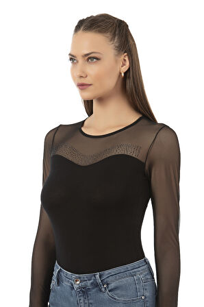 Özkan 25766 Kadın Ring Viskon Bisiklet Yaka Tül Detaylı Yakası Taş Detaylı Uzun Kollu Kancalı Çıtçıtlı Body