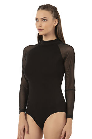 Özkan 25818 Kadın Ring Viskon Yarım Balıkçı Yaka Tül Detaylı Uzun Kollu Kancalı Çıtçıtlı Body