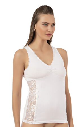 Özkan 25586 Kadın Pamuklu V Yaka Dantel Detaylı Kalın Askılı Süprem Atlet