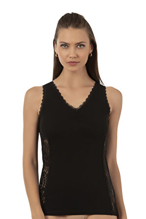 Özkan 25586 Kadın Pamuklu V Yaka Dantel Detaylı Kalın Askılı Süprem Atlet