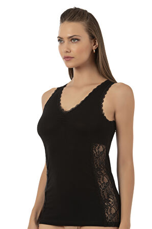 Özkan 25586 Kadın Pamuklu V Yaka Dantel Detaylı Kalın Askılı Süprem Atlet