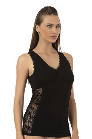 Özkan 25586 Kadın Pamuklu V Yaka Dantel Detaylı Kalın Askılı Süprem Atlet