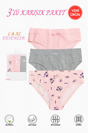 Özkan 26050 Kadın 3'lü Paket Desenli %95 Pamuklu Likralı Biyeli Esnek Rahat Slip Külot