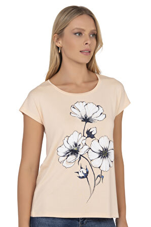 Özkan 26533 Kadın Vorteks Viskon Premium Kumaş Önü Çiçek Baskılı Kısa Kollu Örme Bluz