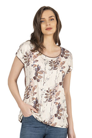 Özkan 26547 Kadın Vorteks Viskon Premium Kumaş Önü Baskılı Likralı Kısa Kollu Örme Bluz