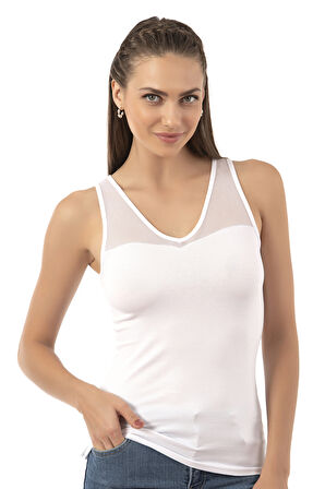 Özkan 26531 Kadın Pamuklu Modal V Yaka Tül Detaylı Kalın Askılı Atlet