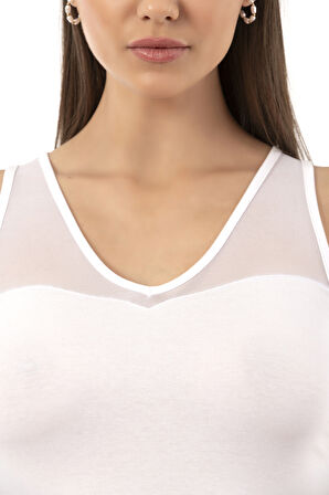 Özkan 26531 Kadın Pamuklu Modal V Yaka Tül Detaylı Kalın Askılı Atlet