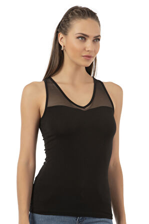 Özkan 26531 Kadın Pamuklu Modal V Yaka Tül Detaylı Kalın Askılı Atlet