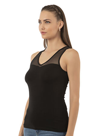 Özkan 26531 Kadın Pamuklu Modal V Yaka Tül Detaylı Kalın Askılı Atlet