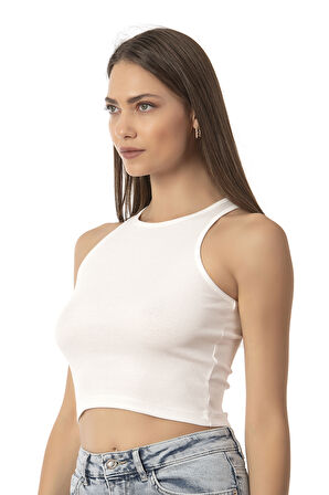 Özkan Underwear Özkan 26814 Kadın Pamuklu Fitilli Vücuda Oturan Halter Yaka İnce Biyeli Esnek Rahat Örme Crop Atlet
