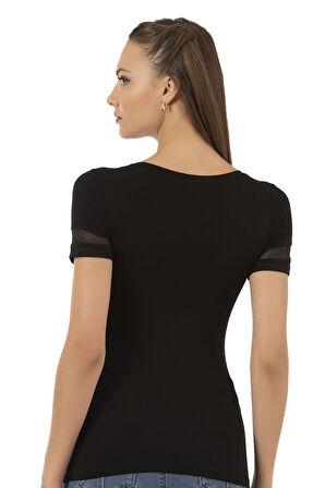 Özkan 26983 Kadın Premium Yumuşak Rahat Kumaş Ring Viskon Bisiklet Yaka Tül Detaylı Kısa Kollu Örme Bluz