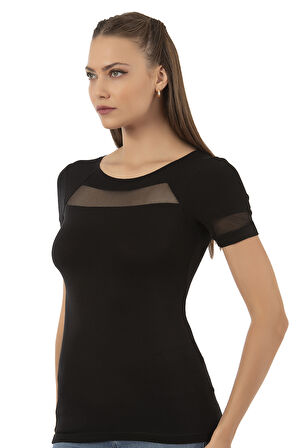 Özkan 26983 Kadın Premium Yumuşak Rahat Kumaş Ring Viskon Bisiklet Yaka Tül Detaylı Kısa Kollu Örme Bluz