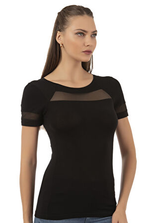 Özkan 26983 Kadın Premium Yumuşak Rahat Kumaş Ring Viskon Bisiklet Yaka Tül Detaylı Kısa Kollu Örme Bluz