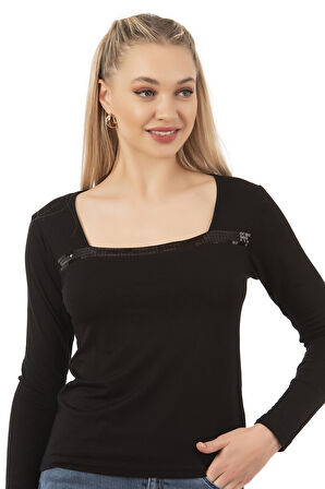 Özkan 7429 Kadın Worteks Viskon Kumaş Esnek Rahat Yakası Pul Nakışlı Uzun Kollu  Bluz