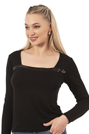 Özkan 7429 Kadın Worteks Viskon Kumaş Esnek Rahat Yakası Pul Nakışlı Uzun Kollu  Bluz