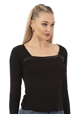 Özkan 7429 Kadın Worteks Viskon Kumaş Esnek Rahat Yakası Pul Nakışlı Uzun Kollu  Bluz