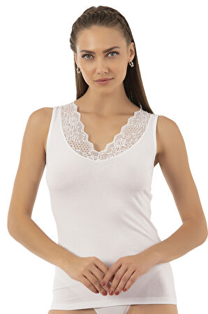 Özkan 26957 Kadın Süprem Pamuklu Esnek Rahat Yumuşak V Yaka Dantel Detaylı Kalın Askılı Atlet