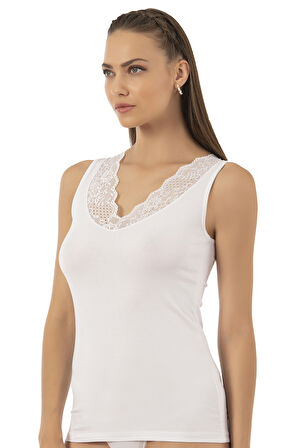 Özkan 26957 Kadın Süprem Pamuklu Esnek Rahat Yumuşak V Yaka Dantel Detaylı Kalın Askılı Atlet