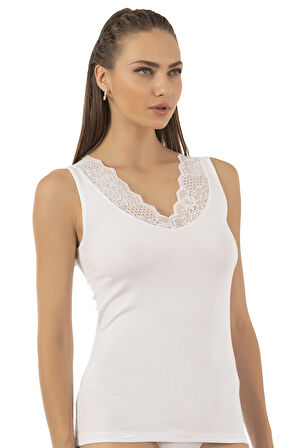 Özkan 26957 Kadın Süprem Pamuklu Esnek Rahat Yumuşak V Yaka Dantel Detaylı Kalın Askılı Atlet