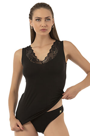 Özkan 26957 Kadın Süprem Pamuklu Esnek Rahat Yumuşak V Yaka Dantel Detaylı Kalın Askılı Atlet