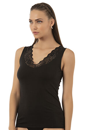 Özkan 26957 Kadın Süprem Pamuklu Esnek Rahat Yumuşak V Yaka Dantel Detaylı Kalın Askılı Atlet