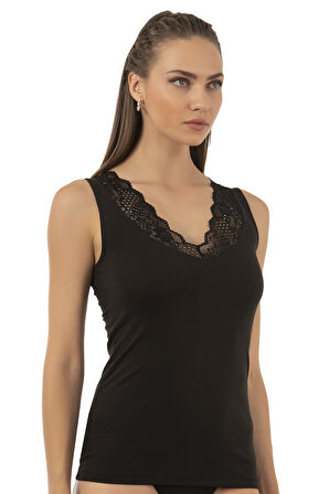 Özkan 26957 Kadın Süprem Pamuklu Esnek Rahat Yumuşak V Yaka Dantel Detaylı Kalın Askılı Atlet