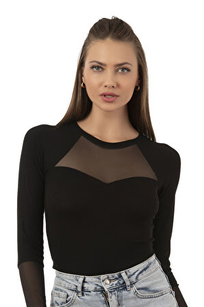 Özkan 26865 Kadın Siyah Uzun Kollu Tül Detaylı Viskon Kaşkorse Fitilli Esnek Yumuşak Örme Çıtçıtlı Body