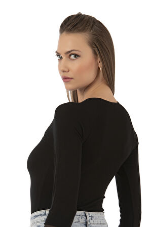 Özkan 26865 Kadın Siyah Uzun Kollu Tül Detaylı Viskon Kaşkorse Fitilli Esnek Yumuşak Örme Çıtçıtlı Body