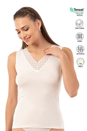 Özkan 26955 Kadın Pamuklu Modal Esnek Yumuşak Önü Dantel Detaylı V Yaka Kalın Askılı Atlet